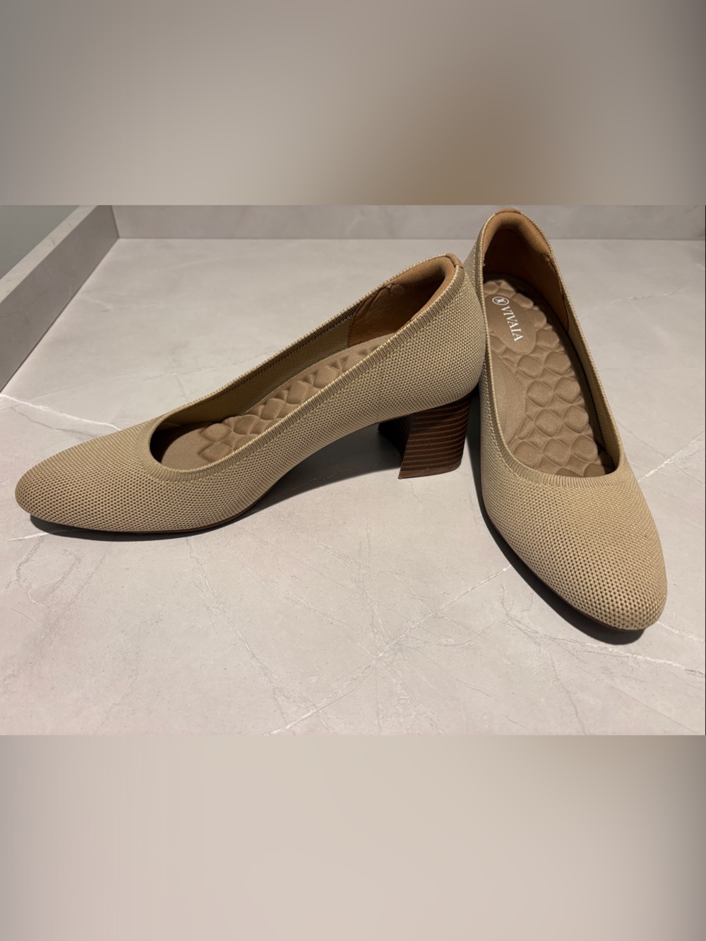 VIVALA Beige Low Block Heel Knit Pumps